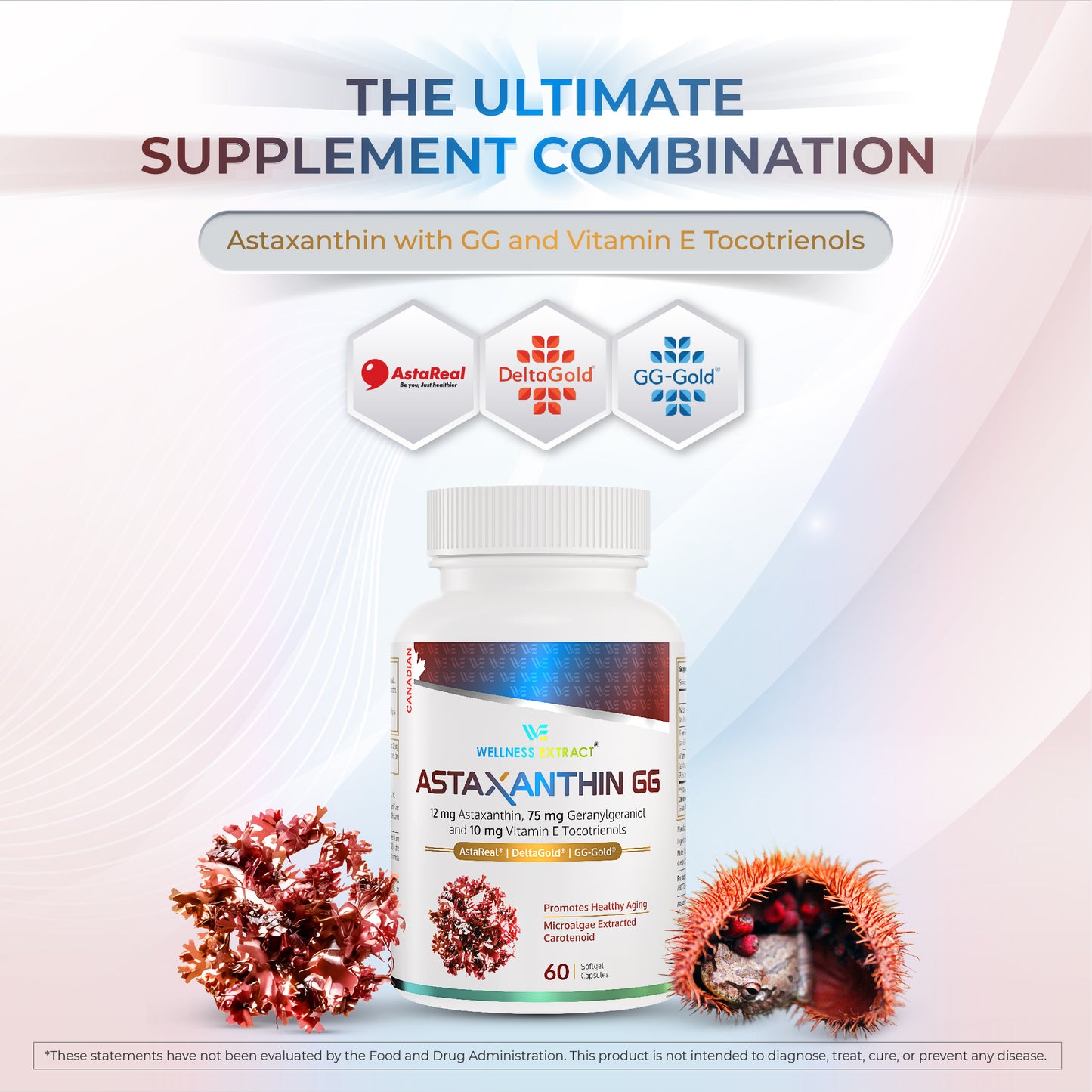 Wellness Extract Astaxanthin-GG Natural AstaREALTM Astaxanthin MicroAlgae for Eye & Skin Health | Geranylgeraniol GG-Gold® | Vitamin E Tocotrienol DeltaGold® | Healthy Aging | Antioxidant Health