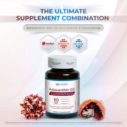 Wellness Extract Astaxanthin-GG Natural AstaREALTM Astaxanthin MicroAlgae for Eye & Skin Health | Geranylgeraniol GG-Gold® | Vitamin E Tocotrienol DeltaGold® | Healthy Aging | Antioxidant Health