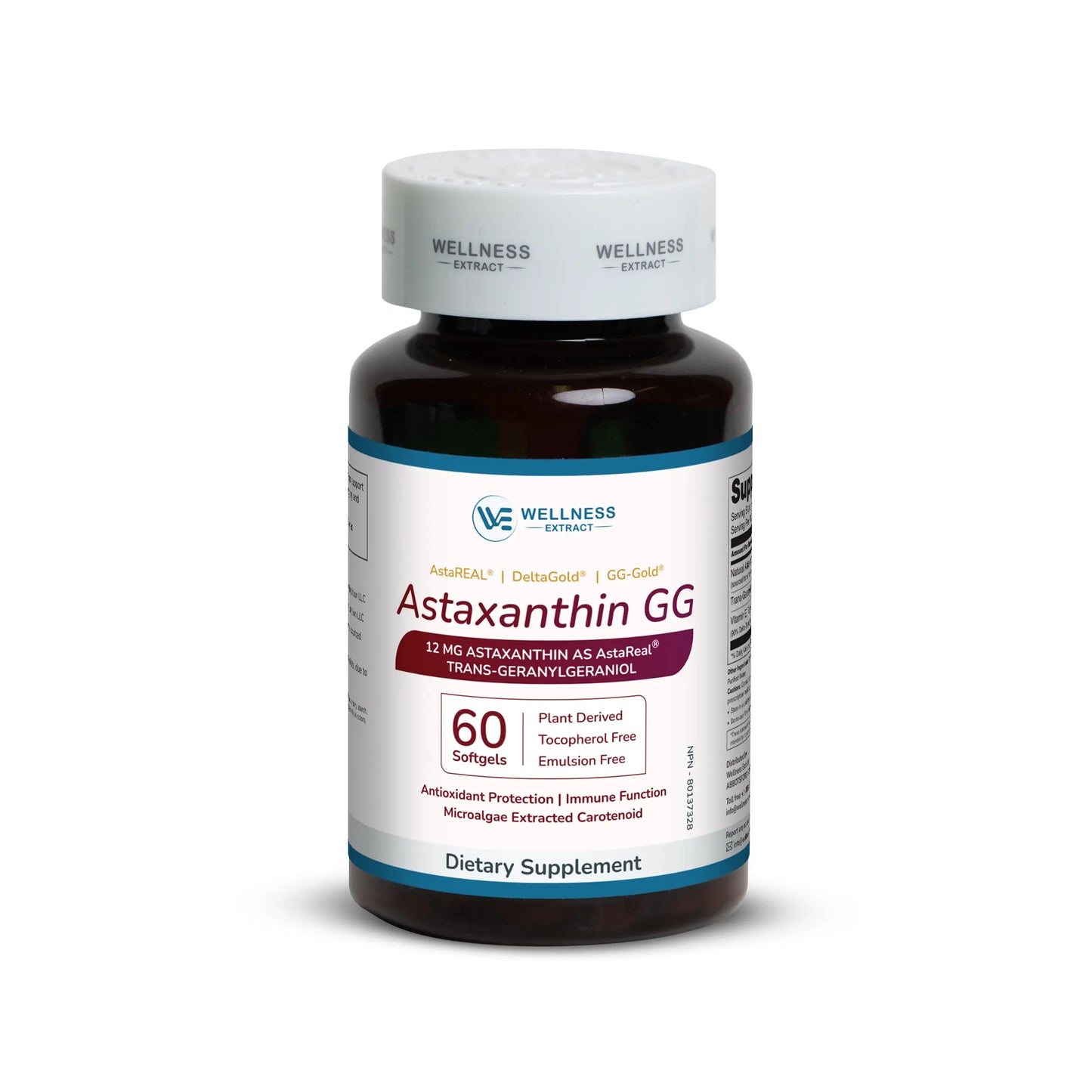 Wellness Extract Astaxanthin-GG Natural AstaREALTM Astaxanthin MicroAlgae for Eye & Skin Health | Geranylgeraniol GG-Gold® | Vitamin E Tocotrienol DeltaGold® | Healthy Aging | Antioxidant Health